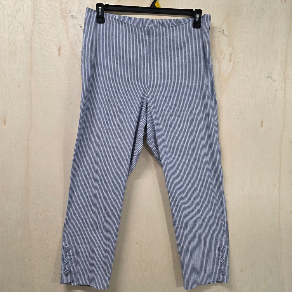 J.Jill Linen Blend Striped Crop Pants Blue White Button Hem Size M RN 97641